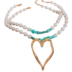 Double-layered necklace with white faux pearls, turquoise stones and gold heart pendant