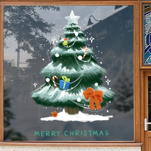 Green Christmas tree window sticker with festive ornaments and Merry Christmas text