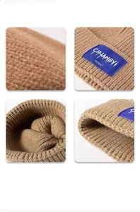 Macro details of caramel knit beanie showing thick texture and quality stitching