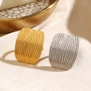 Geometric Rectangular Ring Stainless Steel 18K Gold Plated Vertical Wave Texture Trendy Chunky Statement Jewelry For Women