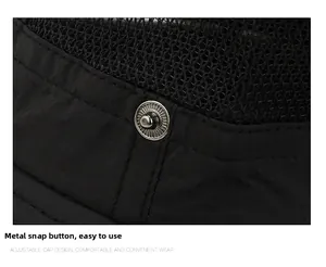 Detail of adjustable metal snap button and breathable mesh fabric on black outdoor hat