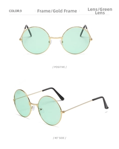 Front and 45-degree views of vintage gold metal round sunglasses with green lenses