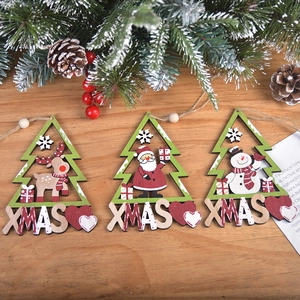 Three-piece set of wooden Christmas tree pendants with Santa, reindeer and snowman