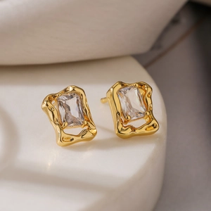 Minimalist 18K gold plated earrings with irregular frame and rectangular zircon inlay