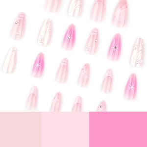 3D French wave press-on nails with pink gradient, pearls and star patterns in almond shape