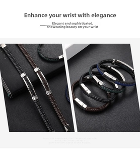 Gros plan de bracelets tressés en similicuir pour hommes avec fermoirs magnétiques en acier