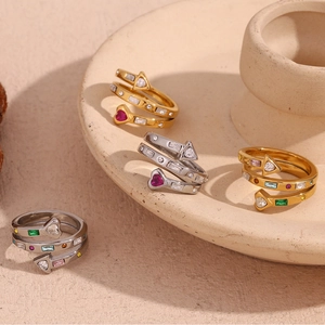 Three-layer heart arrow 18K gold plated open ring with colorful zircon stones