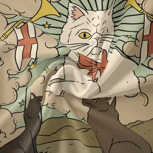 Detail of woven fabric texture on a bohemian cat tapestry with vintage hand-drawn illustration