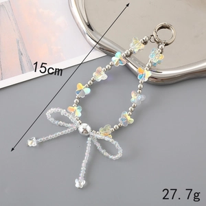 Sweet pearl bow beaded phone charm with iridescent butterfly and silver metallic beads