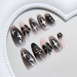Cool black and pink gradient star pattern almond press-on nails with pearls