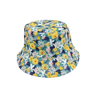Deep teal bucket hat with vibrant floral patterns shown from a central front view