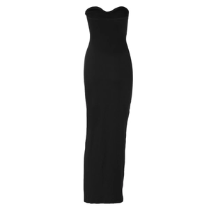 Flat lay of a slim-fit black strapless maxi dress with elegant ruching details