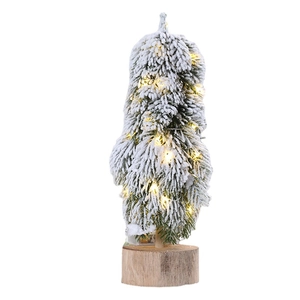 Mini cedar Christmas tree decor with warm LED lights and a natural wooden base