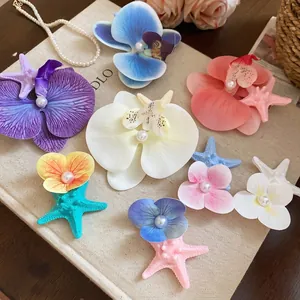 Starfish Flower Hair Clip Acrylic Fabric Orchid Imitation Artificial Pearl Duckbill Barrette Beach Vacation Accessory For Women