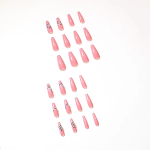 Glossy pink long coffin press-on nails with colorful rhinestones set of 24 pieces