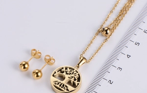 Polished gold Tree of Life pendant necklace and ball studs jewelry set dimensions