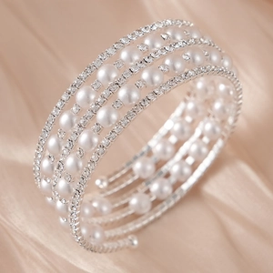 Multi-layer spiral pearl bracelet for women featuring sparkling rhinestones and silver finish