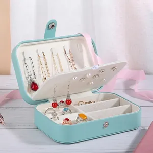 Mint green portable PU leather jewelry box for rings earrings and necklaces with dividers