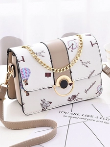 Chic printed white small square crossbody bag with gold chain strap and artistic patterns