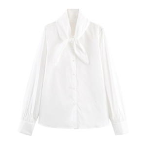 White Long Sleeve Blouse Polyester Bow Tie Neck Lace Trim Artificial Pearl Buttons Elegant Sweet Top For Women