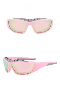 Macro view of pink polarized sports sunglasses with foam sweat bar and reflective lenses