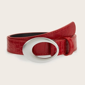 Women American Retro Y2K Faux Leather Belt With Silver Oval Metal Buckle Crocodile Pattern Embossed Fashion Waist Belt