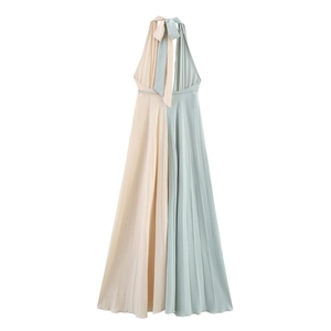 French style halter neck pleated maxi dress in champagne beige and mint green color block