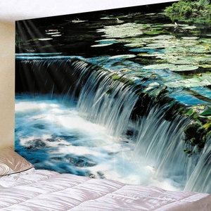 Detail view of a nature landscape tapestry with cascading waterfall and lily pond for bedroom
