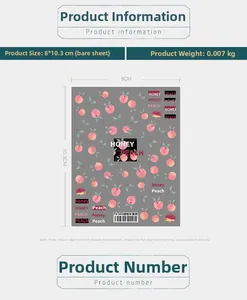 Macro layout of peach and hedgehog nail stickers showing dimensions and model TS502