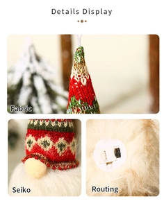 Detail of Christmas gnome showing knit texture hat, plush nose, and LED battery switch