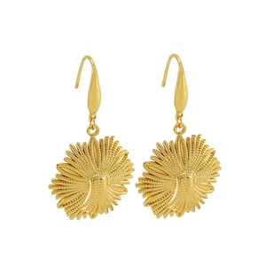 Close-up of golden sunflower earrings featuring intricate petal textures and hook design