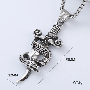 Detail view of viking sword and snake pendant showing 53mm height and 22mm width dimensions