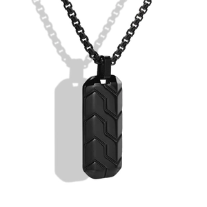 Men's titanium steel necklace with black geometric tire pattern rectangular pendant