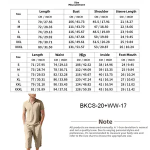 Men's linen polo and shorts set size chart with detailed CM and INCH measurements for fit