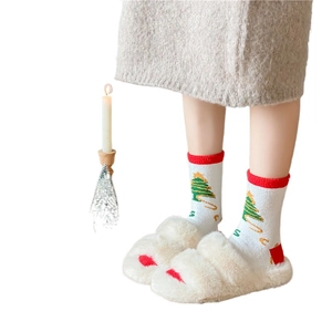 Christmas thermal fuzzy socks and plush slippers set with festive tree patterns