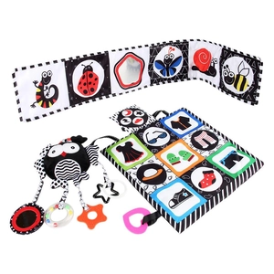Infant sensory toy set with black and white high-contrast cloth book and owl plush pendant