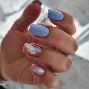 Press On Nails Blue Nude Square False Nails Elegant Marble Gold Foil Glossy Wearable Art Nail Tips Women