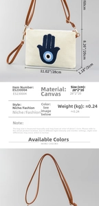 Canvas-Clutch mit Hamsa-Stickerei, Ledergriff und verstellbarem Schultergurt
