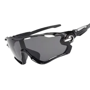 Black aerodynamic sports cycling sunglasses with UV protection and grey lenses for athletes