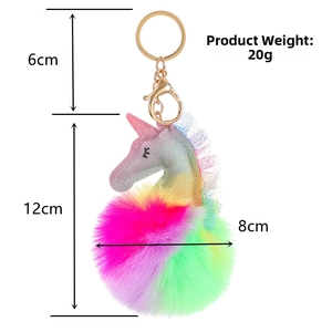 Detailed size specifications of the colorful plush unicorn keychain with dimensions