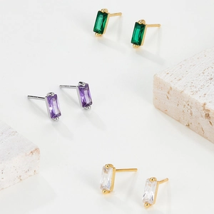 Minimalist S925 silver stud earrings with colorful rectangular zirconia in gold and silver
