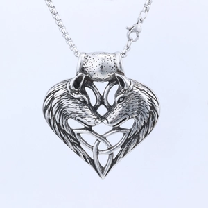 Retro stainless steel double wolf head heart pendant necklace with Celtic knot pattern