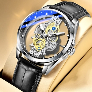 Macro detail of automatic skeleton watch with golden gears and black leather strap