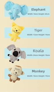 Size specifications for various corduroy plush squeaky dog toys in multiple animal shapes