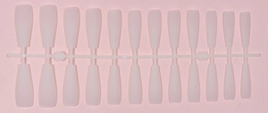 Detailed view of 24 pieces matte light pink extra long coffin press on nails set on a rack