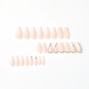 Matte pink gradient coffin press-on nails set with rhinestones and white heart designs