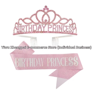 Detail view of pink rhinestone crown and glitter sash with Birthday Princess text