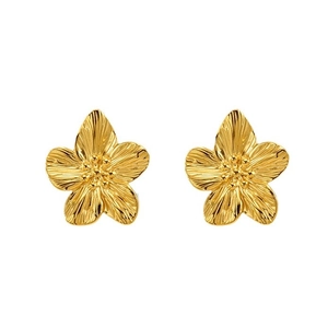 Polished gold flower stud earrings with detailed petal texture in stainless steel