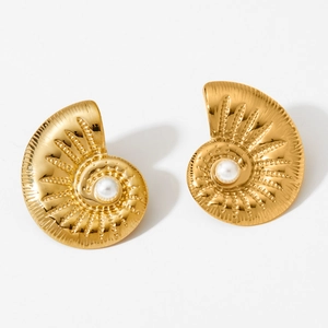 French vintage gold shell earrings with centered pearls and textured spiral design