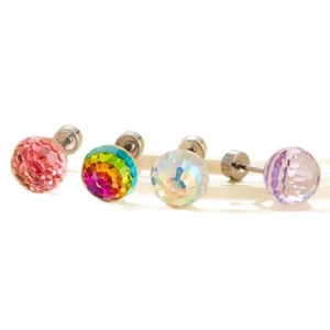 Faceted crystal ball cartilage earrings in red, rainbow, white, and light purple tones